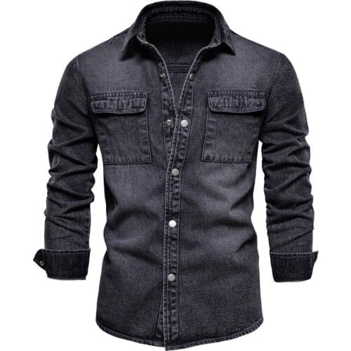 Mens Casual Vintage Denim Shirts Solid Color Jeans Shirt Tops Washed Retro Clothing Turn Down Collar