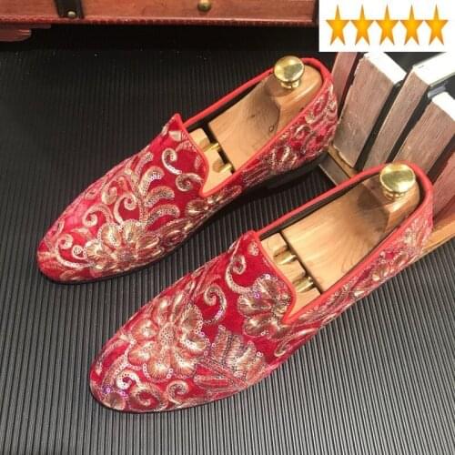 Embroidery Mens Bling Sequins Dress Groom Wedding Party Formal Male Pointed Toe Leather Shoes Slip On Loafers