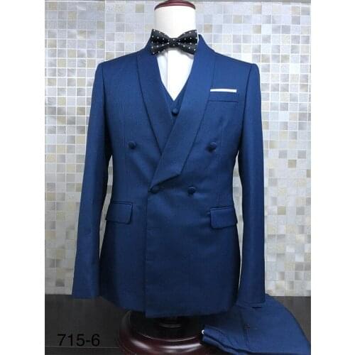 Mens Navy Blue Double Breasted Suit Slim Fit Tuxedos Wedding Dinner Prom Suits Blazer+vest+Trouser Europe Size 46-56 men suits