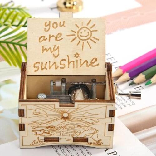 You Are My Sunshine Music Box Creative Engraving Pattern Wooden Hand Cranked Crafts for Birthday Retro Living Room Decoration