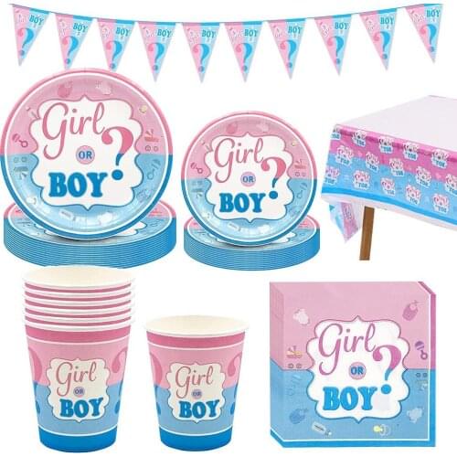Gender Reveal Disposable Tableware Set Baby Shower Boy Or Girl Plate Napkin Tablecloth Partyware Party Decorations Supplies