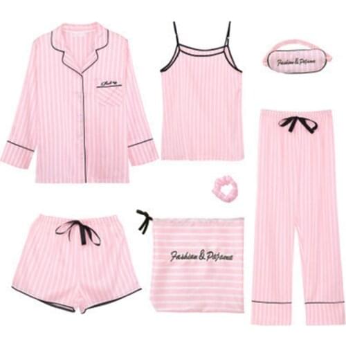 7-Piece Pajama Womens 7-Piece Set Sexy With Breast Pad Sweet Summer Ice Silk Suit Can Be Worn Out of Home Clothes Thin And Loos