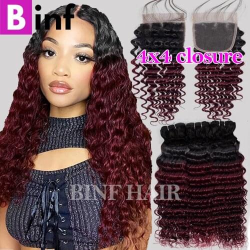 26 30 36 inch Deep Wave Bundles with Closure T1b/99j Ombre Color Indian Remy Hair 3/4 Bundles With 4x4 Lace Closure And Bundles