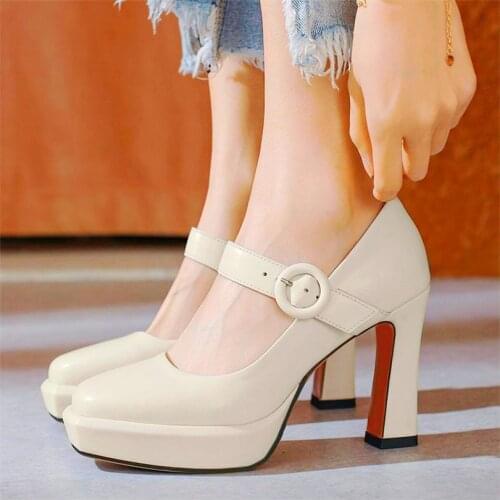 Sexy Platform Pumps Womens Cow Leather Round Toe High Heels Ankle Strap Wedding Party Shoes 34-43