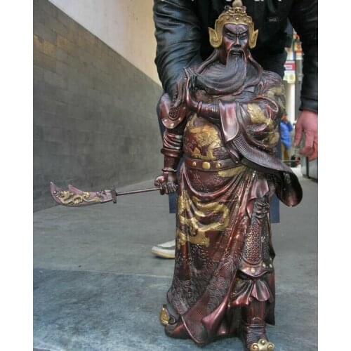 USPS to USA S0497 24 Chinese Folk Red bronze martial nine dragons Guan Gong Warrior General statue