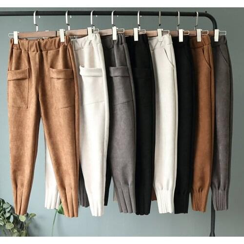 Casual Autumn Winter Women Pants Korean Elastic High Waist Pockets Suede Harem Pants Plus Size Trousers Women femme pantalon