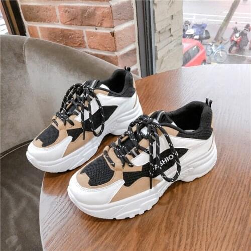 Bjakin Women Chunky Sneakers New Female Black White Khaki Platform Thick Sole Running Shoes Light Breathable Sport Shoe Trainers