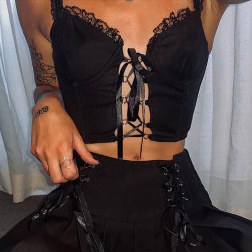 Womens street lace Gothic vest stitching hollow lace-up slim shorts camisole tanks 2021 fashion spring summer black female tops