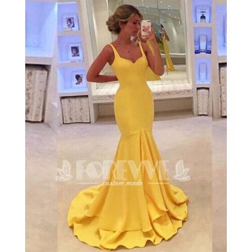 New Yellow Satin Mermaid Evening Dress 2019 V-Neck Tiered Formal Dress Evening Gowns Dresses Robe De Soiree Longue Abendkleider