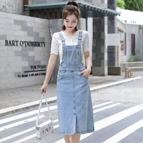 Denim Overall Dress Women 2020 Summer New Korean Edition High Waist Spaghetti Strap Slim Fit A Line Jeans Dress Sundress
