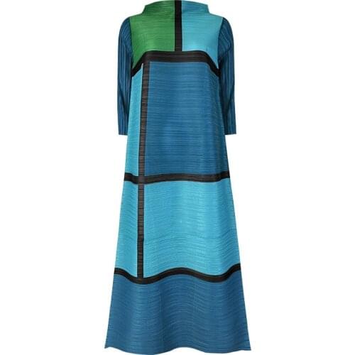 2021 Spring Miyake Pleated dress turtle neck women abaya plus size long plaid print dress aesthetic clothes Factory warehouse