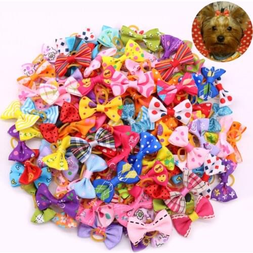 100pcs Yorkshire Pet Puppy Dog Cat Hair Bows with Rubber Bands Dog Accessories Grooming Bows Dog Small Topknot Pet Supplies