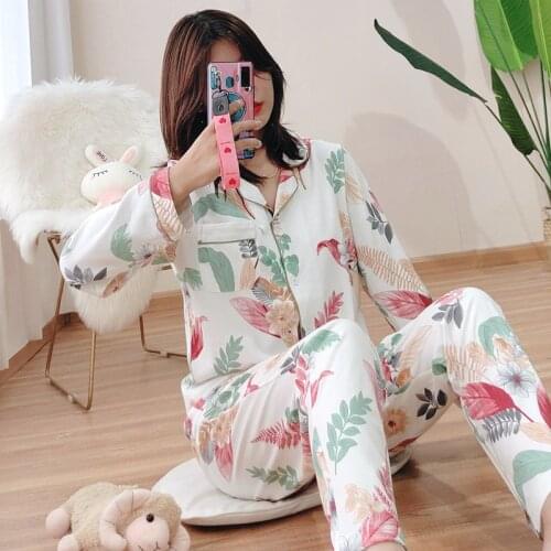 100% knit cotton pajamas sets women Autumn spring Korea cute Cartoon long sleeve quality sleepwear women pyjamas