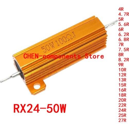 5PCS RX24 50W Gold aluminum shell resistor 4R 4.7R 5.6R 6.2R 6.8R 7R 7.5R 8R 8.2R 9R 10R 12R 13R 15R 16R 18R 20R 22R 24R 25R 27R