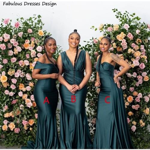 2021 Elegant Mermaid Bridesmaid Dresses Ink Blue V-neck Plest Long Maid Of Honor Dress African Women Wedding Party