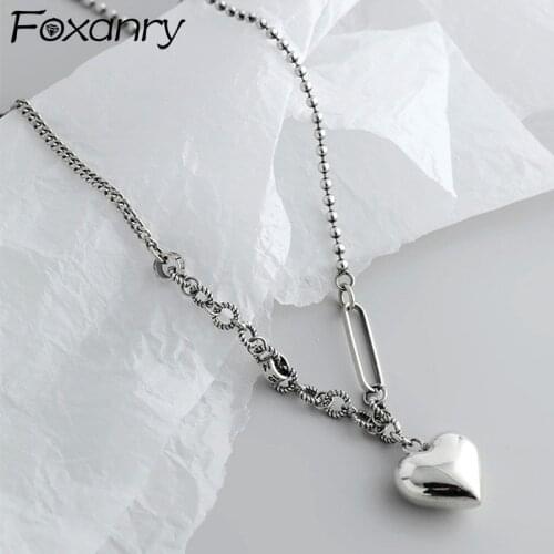Foxanry 925 Sterling Silver Necklace 2021 Trend Vintage Simple Sweet LOVE Heart Splicing Chain Girls Party Jewelry Birthday Gift