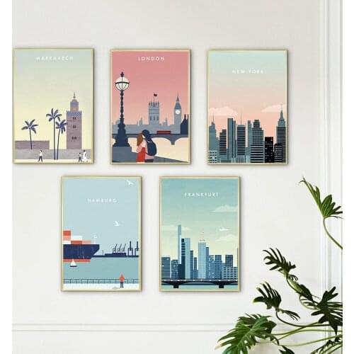 Hd Print Canvas Art Painting New York Marrakech Hamburg Frankfurt London Travel City Vintage Landscape Posters Wall Art Picture