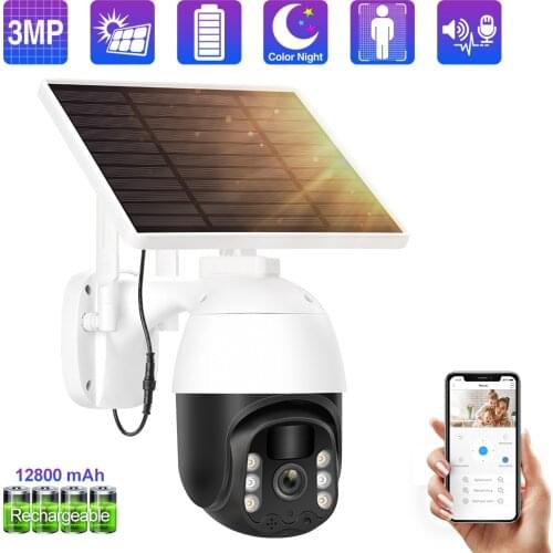 Techage 3MP Wifi PTZ IP Camera Rechargeable Battery Camera with Solar Panel Two Way Audio Smart AI Color Night Outdoor Camera