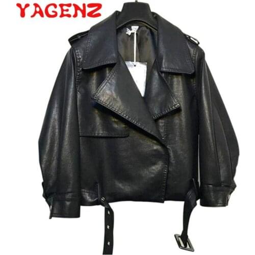 YAGENZ Fashion Autumn Black Faux Leather Jackets Women Short Coats Zipper Basic Coat Turn-down Collar Biker Jacket With Belt 410