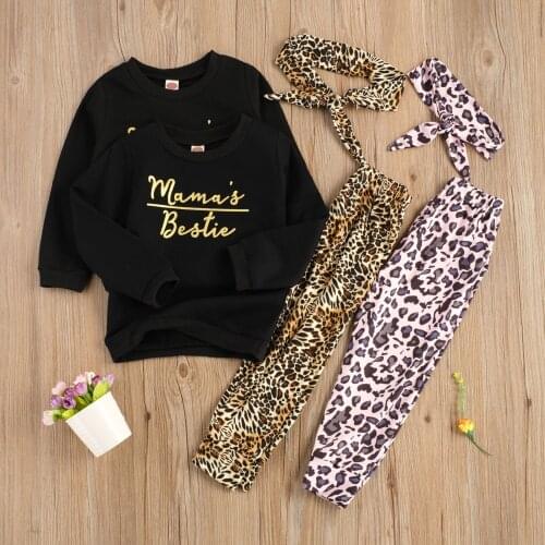 3 Pcs Baby Girl Leopard Outfits Kids Letter Pattern Long Sleeve Round Neck Pullover + Trousers + Headband