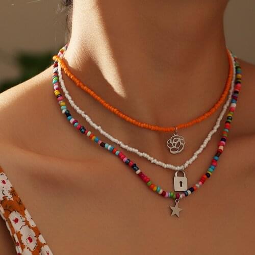 3PCS/SET Bohemia Colorful Seed Bead Choker Necklace Statement Short Collar Clavicle Chain Necklace for Women Girls Beach Jewelry