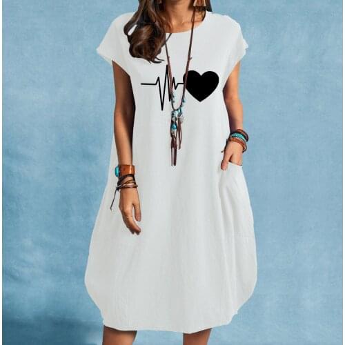 Print Casual Pocket Dress O-neck Short Sleeve Loose Linen Dress 2021 Plus Size Straight Knee Length Dresses Платье Летнее 40