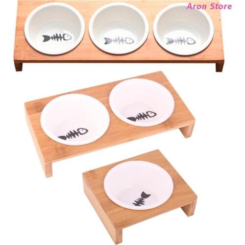 Elevated Pet Bowls, Raised Dog Cat Feeder Solid Bamboo Stand Ceramic Food Feedin