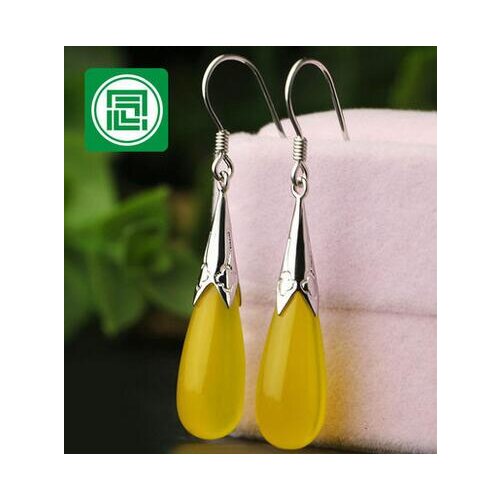 Selling Jewelry>>Nguyen Jewellery 925 Silver Jadeite Earrings Chicken Oil yellow stone Marrow Ear Drops Earrings Plus Long