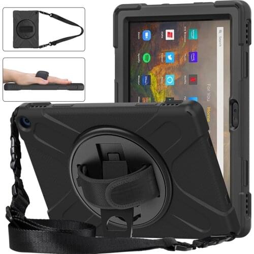 For Kindle Fire HD 10 2021 Heavy Duty Rugged Shockproof Case Rotate Kickstand/Hand+Strap for Fire HD 10 Plus Case 11th Gen 2021
