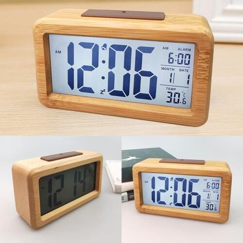 LED Digital Alarm Clock with Backlit Alarm Clock Wooden Digital Display Electronic Alarm Clock Temperature Monitor for Home Use