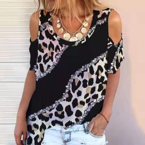 Lady Fashion Casual Print Short Sleeve Top Summer O Neck Strapless Sexy T Shirt Plus Size Clothing Leopard Stitching Hollow Out