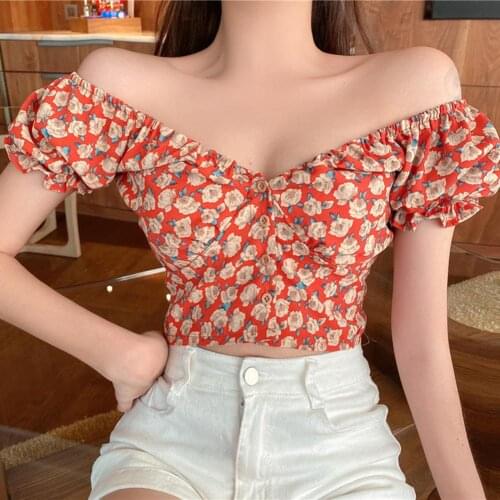 Vintage Blouse Female Top Floral Print Short Sleeve V Neck Off Shoulder Crop Top Sexy Button Blouse Ladies Shirt Crop Top