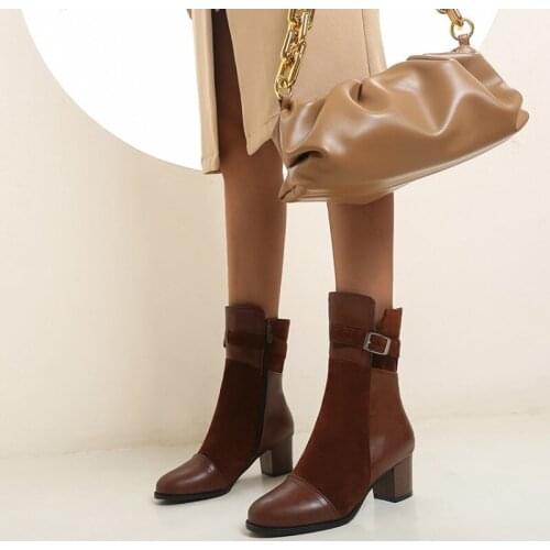 Plus Size 43 Square High Heel Ankle Women Boots Round Toe Patchwork Footwear Female Motorcycle Boots Buckle Shoes Women Winter