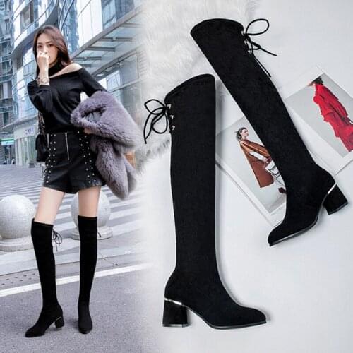 Over The Knee Stretch Boots Female Autumn And Winter Pointed High Heel Thick With Black Stovepipe Stretch Boots Non-Slip Boots