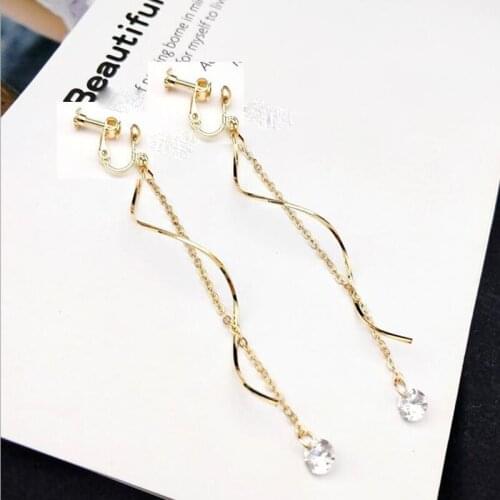 2018 New Design Gold Color Long Wave Tassel Cubic Zircon Clip on Earrings Non Piercing for Women Elegant Pierced Earrings Bijoux
