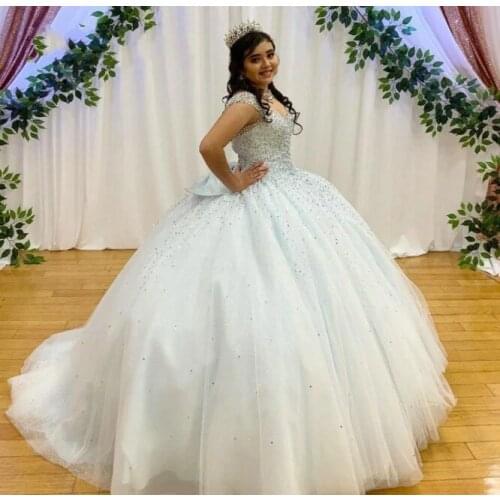 New Blue Ball Gown Quinceanera Dresses 2021 Sweet 15 16 Girls Birthday Pageant Prom Gown Bow Back Puffy Plus Size Custom Made