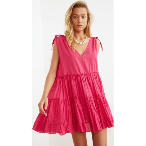 Fuchsia Oversize Voile Beach Dress TBESS21EL1247 Mini V-Neck Pink New Sleeve Beach Textile