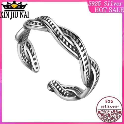100% S925 sterling silver network celebrity with same fine retro Thai silver fashionTwisted twist opening adjustable female ring