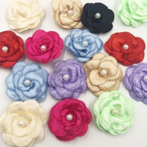 20pcs Satin ribbon bows flower with pearl wedding DIY appliques Upick A006