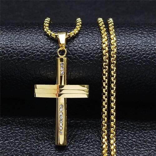 2021 Hip Hop Christian Cross Stainless Steel Chain Necklace Gold Color Long Statement Necklace Jewelry collier homme N1680S05