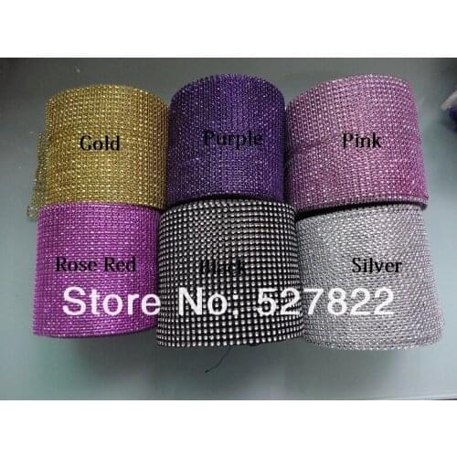 4.5" x 10 yard 24 Row Pink/Black/Gold/Silver/Rose Red/Purple Wedding Favor Decoration Diamond Mesh Ribbon Roll Crystal Wrap