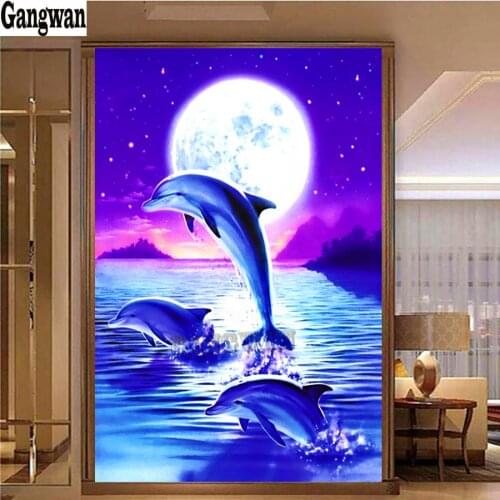 5D Cross Stitch Underwater world dolphin moon night Diamond Painting full Square round drill Diamond Embroidery Diamond Mosaic