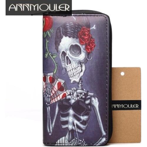 Annmouler Brand Women Wallet Pu Leather Purse Skull Print Coin Purse Long Size Zipper Wallets Large Capacity Card Holders