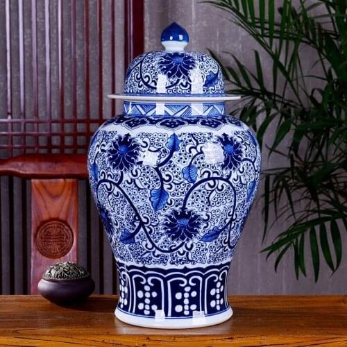 Jingdezhen Ceramic Decorative Glaze Hand Painted Antique Blue And White Porcelain Temple jar Storage pot Classical porcelain jar