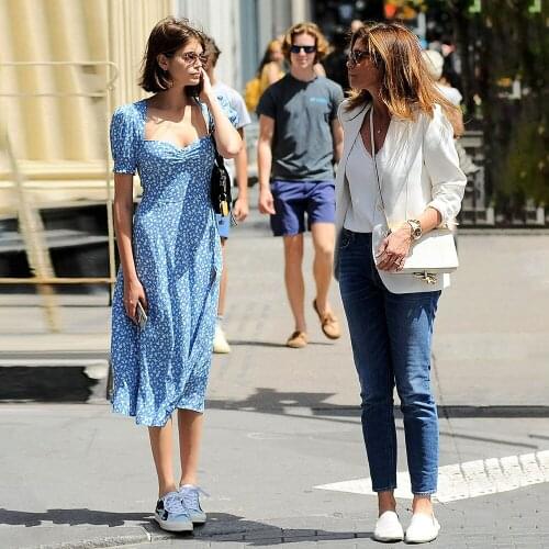 French Romance Retro Dresses Women Casual Floral Print Square Collar Dresses Ruffles Puff Sleeve Midi dresses Side Split Lady