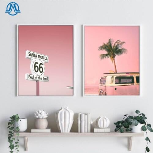 Pink Camper Van Bus Canvas Art Prints Retro Car Poster Beach Palm Trees Canvas Painting Coastal Wall Picture Boho Art Home Decor
