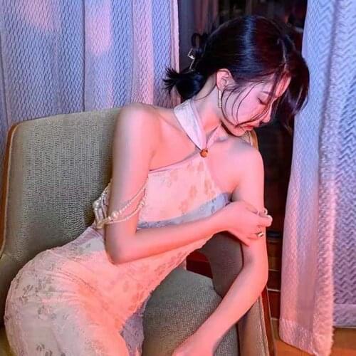 Chinese Dress V-neck Sling Qipao Big Size Flower Decoration Cheongsam Sexy Shoulder Design Pearl Decorate Cheongsams Skirt