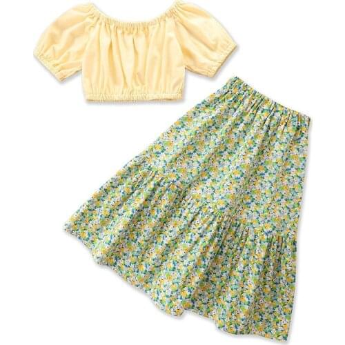 Summer Girls Set Cotton Solid Blouse + Floral Skirt 2pcs Children Skirt Sets Clothes