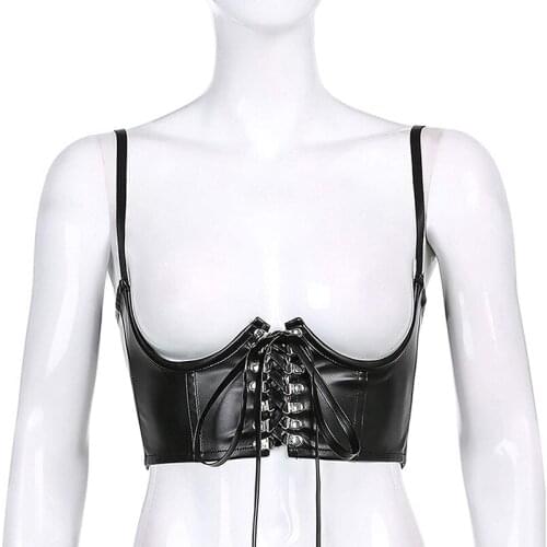 Women Fashion Sexy PU Leather Corset Goth Punk Lace-Up Bandage Black Bustier Streetwear Underbust Support Braces Shaper Top
