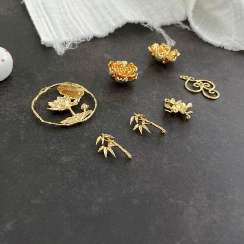 Copper Plated 18K Real Gold Artistic Mori Stereo Flower Bamboo Leaf Lotus Ring DIY Earrings Ear Pendant Bracelet Material 2pcs